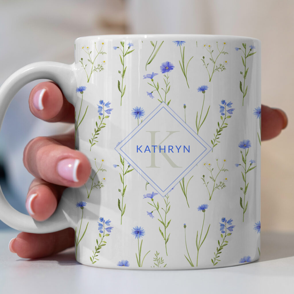 blue wildflower personalised coffee mug